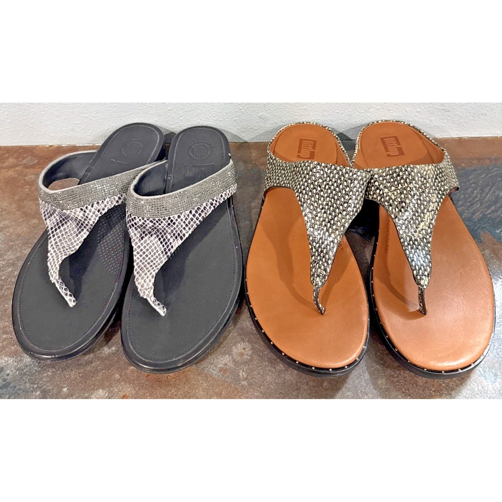 2 Pair Lot FitFlop Women's 7 Banda Crystal Metallic Toe Post Sandals